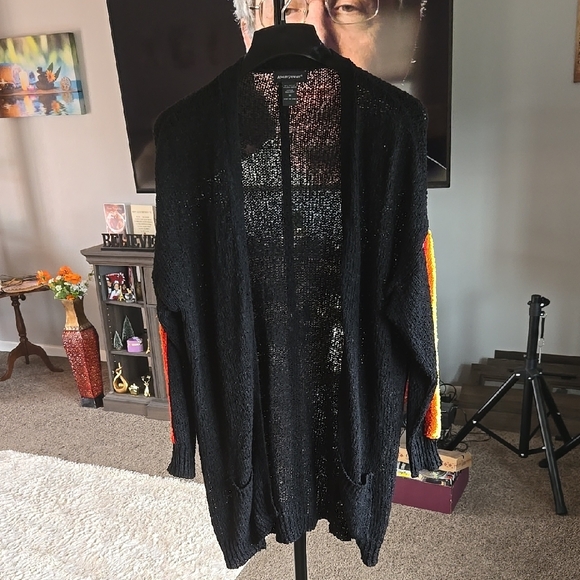 Black Open-Front Sweater with Colorful Stripes.     SIZE 1X   ✨️ PRE LOVED✨️ - Picture 1 of 11